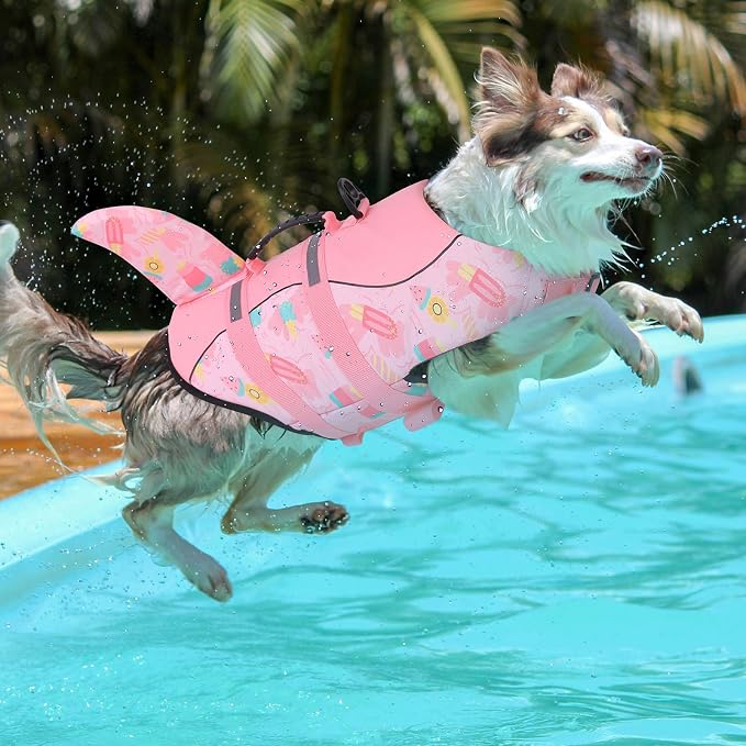 Dog Life Jacket High Flotation, Reflective Dog Life Vests for Swimming, Adjustable Dog Life Preserver Rescue Handle Spring Summer Pool for Small, Medium, Large Dogs (Pink Ice Cream,S)