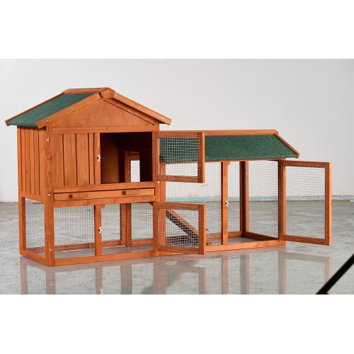 Large Wooden Rabbit Hutch, 2 Story Outdoor Bunny Cage With Waterproof Asphalt Roof, Pull-Out Tray Ramp, Fir Wood Pet House For Rabbits, Chickens, Guinea Pigs Brown Green