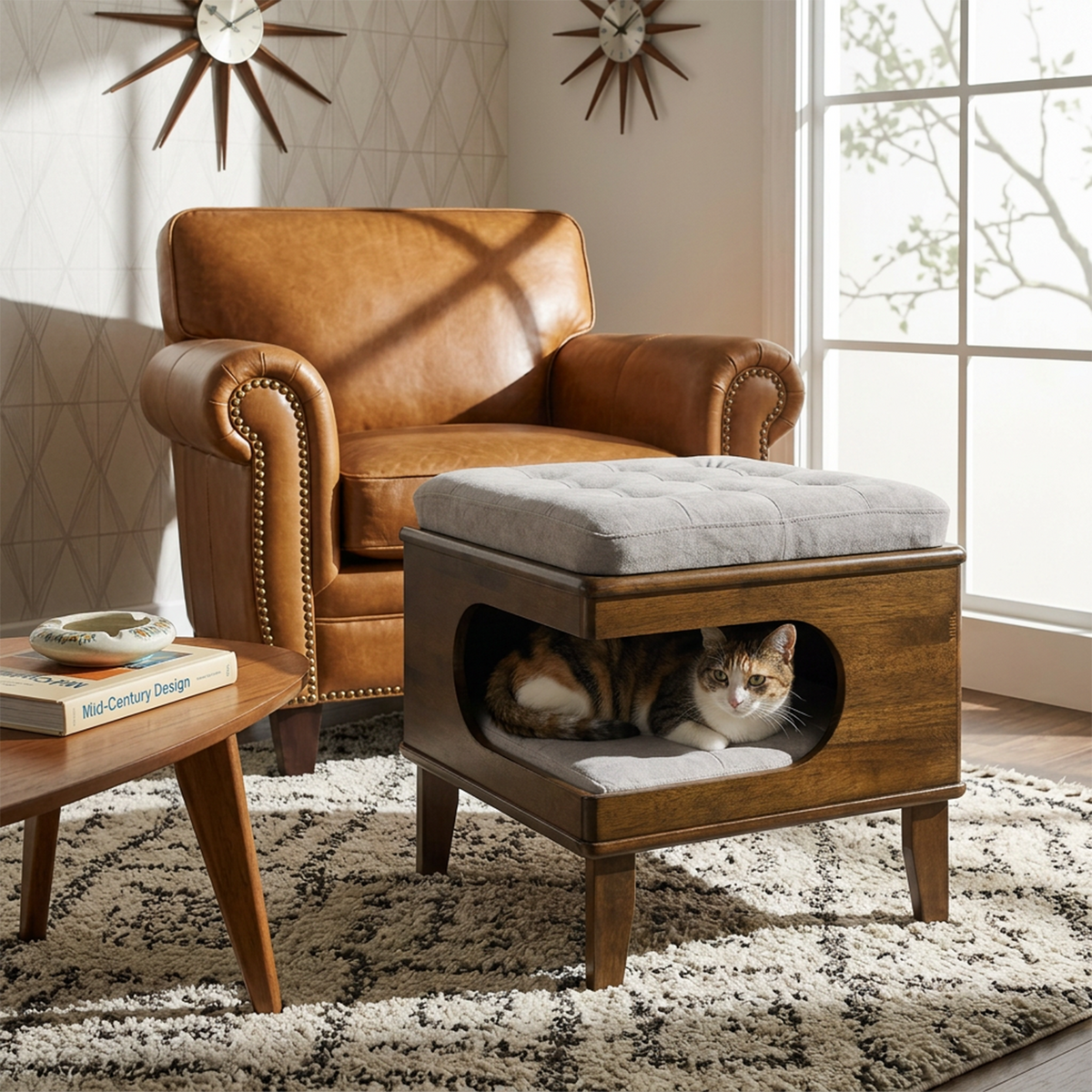 Letitia Rubber Wood Cat Bed Ottoman, 2-in-1 Tufted Pet Ottoman with Cat Cave, Multi-Functional Footstool with Cat Hideaway, Walnut Finish