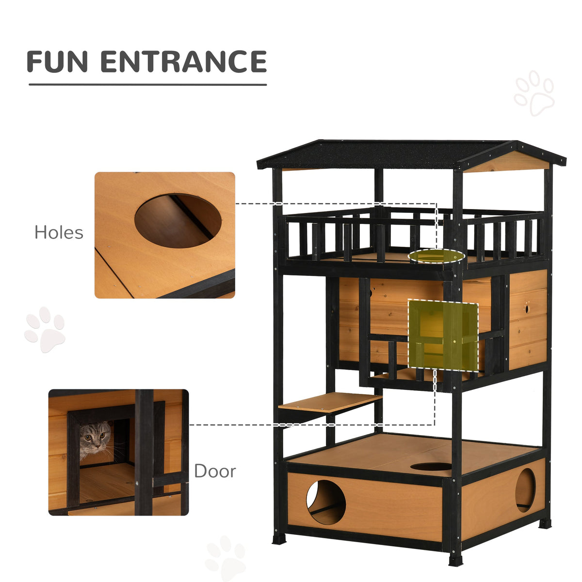 Wooden Outdoor Cat House, Feral Cat Shelter Kitten Condo with Asphalt Roof, Escape Doors, Condo, Jumping Platform, Yellow
