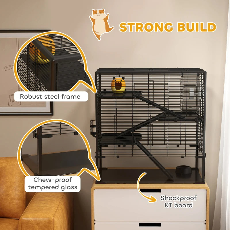 4 Tier Hamster Cage With Deep Tempered Glass Bottom, Running Wheel, Hut, Water Bottle, Food Dish,