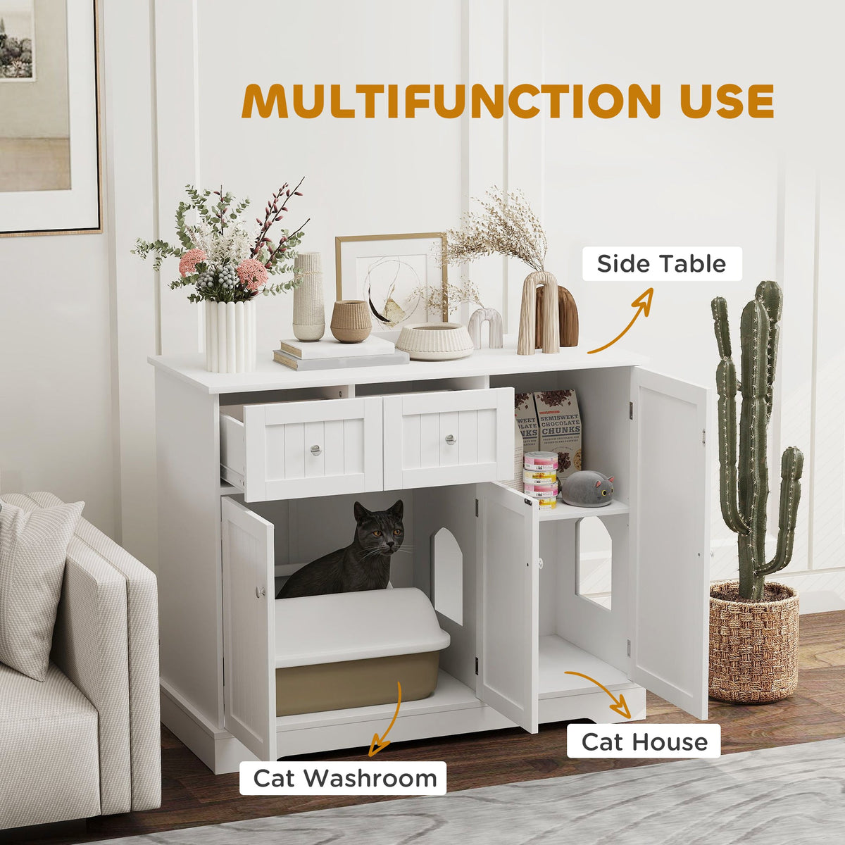 Cat Litter Box Enclosure with Drawers, Storage, Anti-tip Kit, 39" x 18" x 31.5", White
