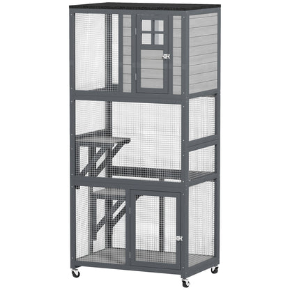 74" Wooden Outdoor Cat House Catio with High Weight Capacity, Cat Cage Condo, Dark Gray