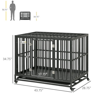 45" Heavy Duty Dog Crate, Escape-Proof Steel Kennel with Wheels, Black