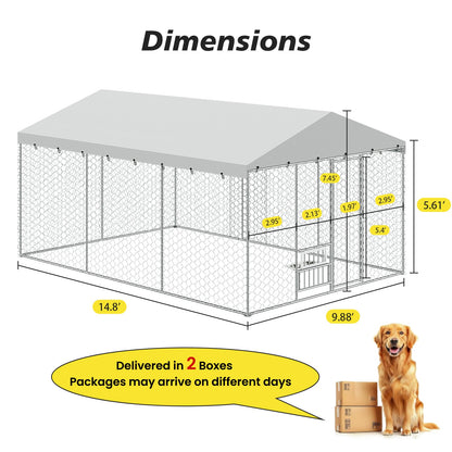 15x10 FT Large Outdoor Dog Kennel with Canopy, Heavy Duty Galvanized Steel Frame, Waterproof Cover, Built-in Elevated Feeding Bowls, Escape-Proof Lockable Pet Playpen for Large Dogs & Multiple Animal