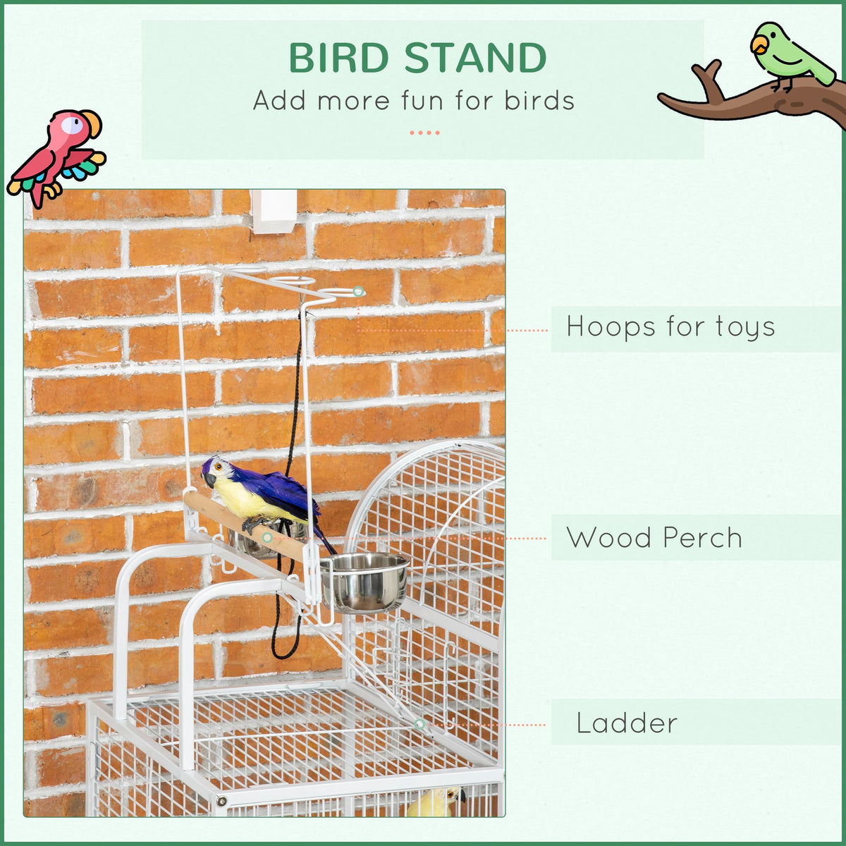 55" Large Parrot Cage with Toy Hooks Above Top Bird Perch, Tray, Food Cups, Rolling Stand, Bird Cage for Cockatiels, Parakeets, Lovebirds
