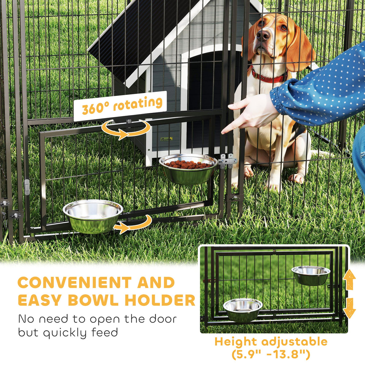 Large Outdoor Dog Kennel with 2 Rooms, Rotating & Adjustable Height Bowls, 13.5 x 9.4 x 5.1