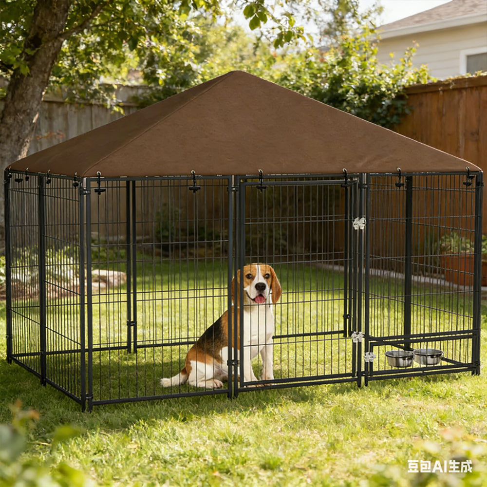 Outside Dog Kennel, 6.9' X 4.6' X 5' Puppy Play Pen With Canopy, Garden Playpen Fence Crate With Rotating Bowl, Black