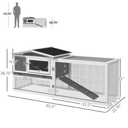 Rabbit Hutch 2-Story Bunny Cage, Guinea Pig Cage Indoor Outdoor, Small Animal House with Slide Out Tray, for Rabbits, Chickens, Ducks, 61.5" x 23" x 27", Light Gray