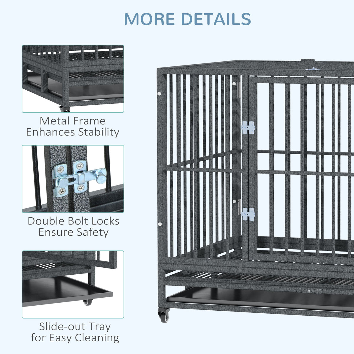 43" Heavy Duty Dog Crate Metal Cage Kennel with Lockable Wheels, Double Door and Removable Tray, Gray