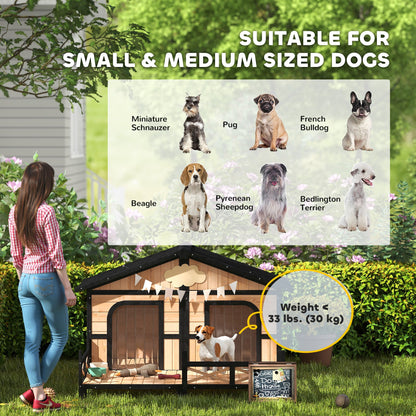 Dog House Outdoor, Wooden Dog Kennel Weatherproof with Porch, Openable Roof, Removable Bottom, Elevated Floor, Double Room for 2 Small to Medium Breeds, Natural