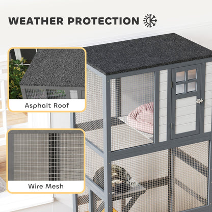 74" Wooden Outdoor Cat House Catio with High Weight Capacity, Cat Cage Condo, Dark Gray