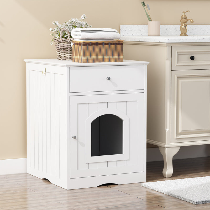 White Wooden Cat Litter Box Enclosure W Drawer & Side Table, Indoor Pet Crate Nightstand For Home