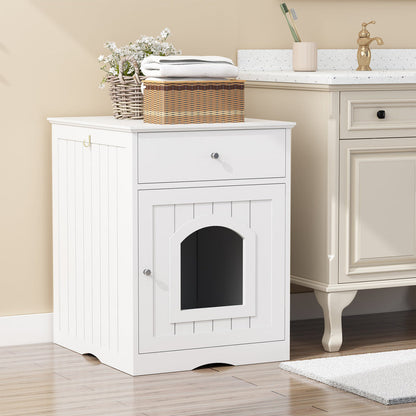 White Wooden Cat Litter Box Enclosure W Drawer & Side Table, Indoor Pet Crate Nightstand For Home