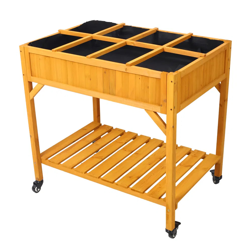 Elevated 8 Pocket Herb Garden Bed, Mobile Raised Customizable Wood Planter For Herbs, Vegetables, Flowers W/ Lockable Wheels, Storage Shelf, Drainage Holes