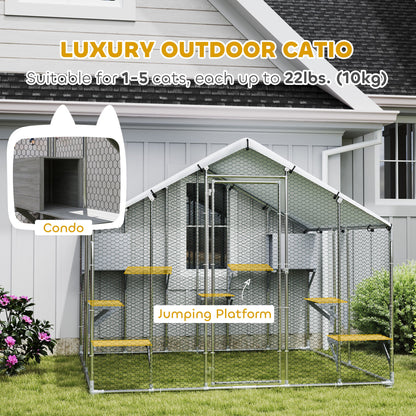 95" Extra Large Metal Outdoor Catio with Waterproof Cover, 2 Resting Boxes, 7 Jumping Platforms, for Multiple Cats