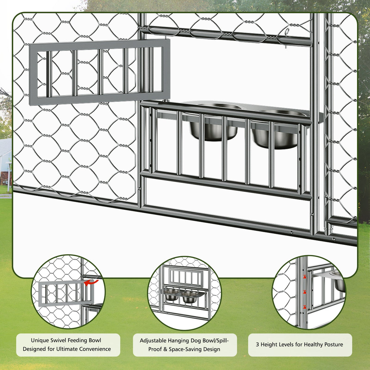 15x10 FT Large Outdoor Dog Kennel with Canopy, Heavy Duty Galvanized Steel Frame, Waterproof Cover, Built-in Elevated Feeding Bowls, Escape-Proof Lockable Pet Playpen for Large Dogs & Multiple Animal