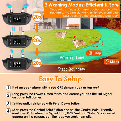 2 In 1 Dog GPS Fence Tracker Wireless GPS Dog Fence GPS Dog Collar With 32-2887FT Radius IPX6 Waterproof For Small Medium Large Dogs