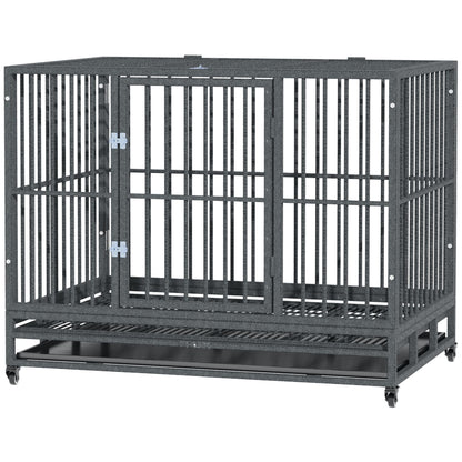 43" Heavy Duty Dog Crate Metal Cage Kennel with Lockable Wheels, Double Door and Removable Tray, Gray