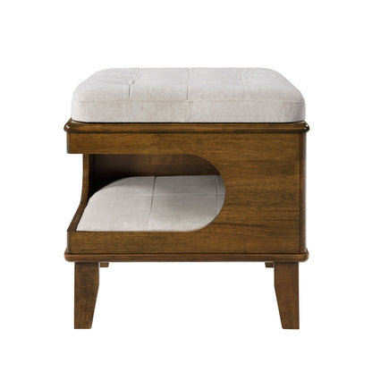 Letitia Rubber Wood Cat Bed Ottoman, 2-in-1 Tufted Pet Ottoman with Cat Cave, Multi-Functional Footstool with Cat Hideaway, Walnut Finish