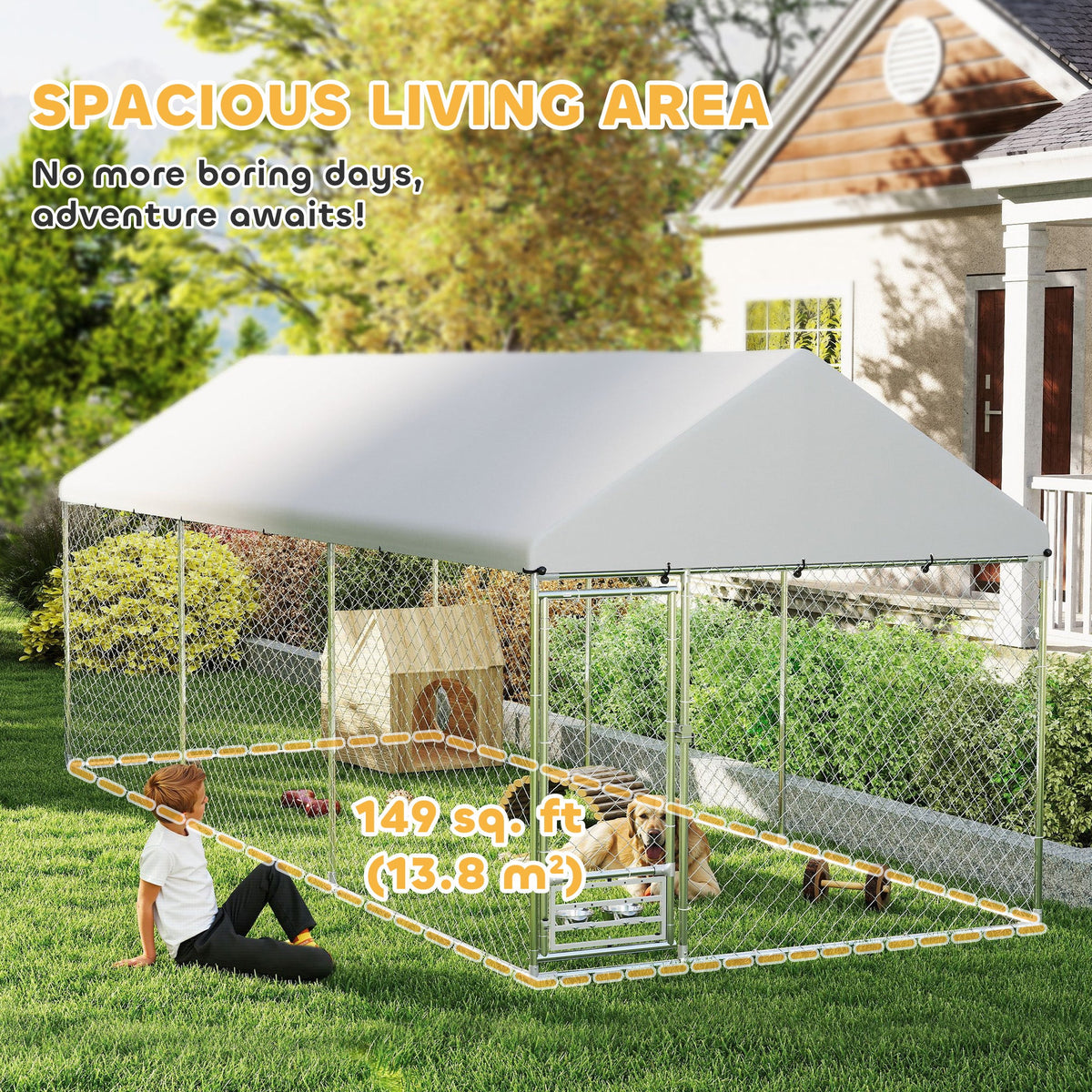 Outdoor Dog Kennel w/ Adjustable & Rotatable Bowl Rack, Waterproof UV-Resistant Cover, Secure Lock, 19.7 x 7.5 x 7.5