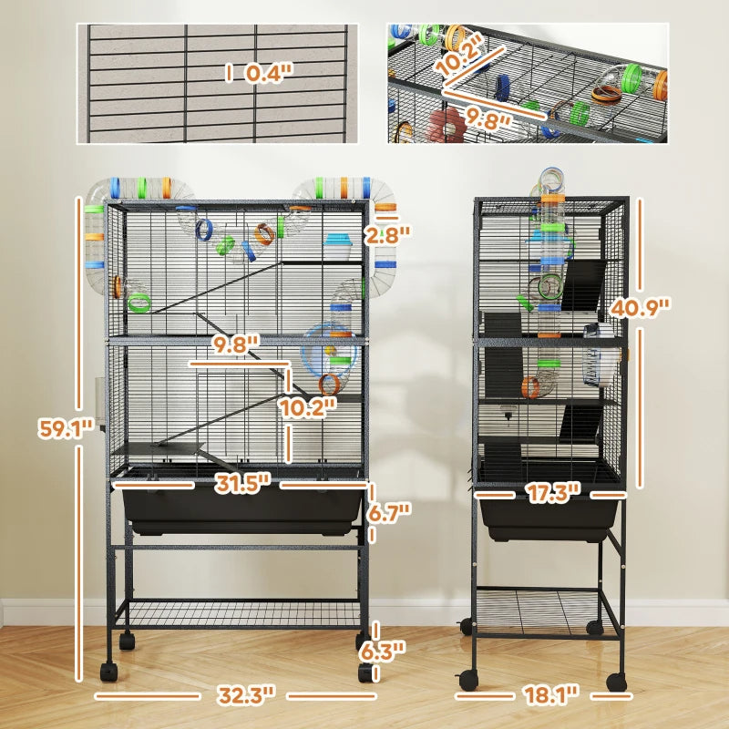 PawHut 5 Tier Hamster Cage, Rolling Rat Cage With Deep Tray, Storage Shelf, Big Exercise Wheel, Hut, Tube System