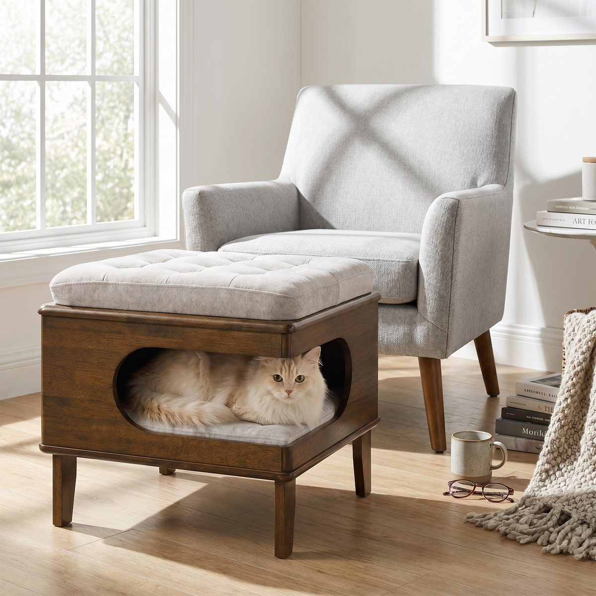 Letitia Rubber Wood Cat Bed Ottoman, 2-in-1 Tufted Pet Ottoman with Cat Cave, Multi-Functional Footstool with Cat Hideaway, Walnut Finish
