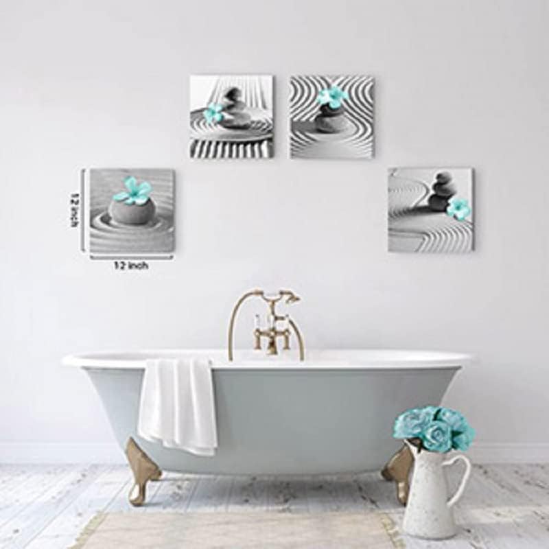 Yxbhhym Gray Wall Art Zen Wall Art Teal Floral Paintings Black and White Decor Zen Stone Sand Pebble Canvas Flower Artwork for Wall Home Decoration Bathroom Wall Decor 12''x12''x4pcs
