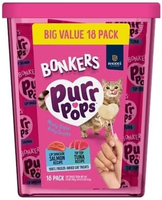 Bonkers Purrpops Freeze Dried Tuna & Salmon Flavor Lollipop Cat Treats, Healthy Real Meat Treats, Training Treats or Food Topper, for All Breeds and Ages, Value Pack (18 Pieces)