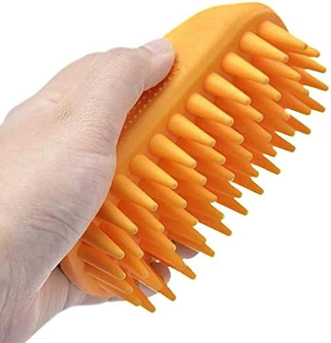Dog Cat Pet Grooming Brush - Silicone Massage Brush for Deshedding and Bathing, Anti-Slip Rubber Shampoo Brush for Long & Short Hair Dogs and Cats (Orange)