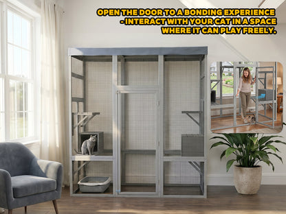 Gray Wooden Catio Pet Enclosure with Waterproof Top, Spacious and Secure Cat House & Small Animal Cage,2 Napping Boxes