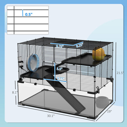 30" Hamster Cage, Gerbil Cage with Glass Basin for Small Hamsters, Black