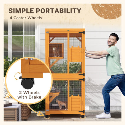 Large Cat House for 1-3 Cats on Wheels Wooden Catio Enclosure Orange