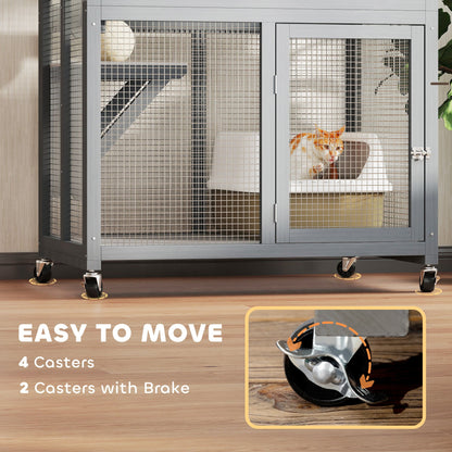 74" Wooden Outdoor Cat House Catio with High Weight Capacity, Cat Cage Condo, Dark Gray