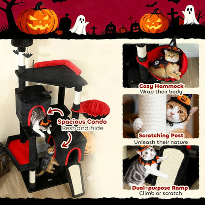 Gothic Cat Tree, Cat Tower With Coffin Bed, 2 Spacious Condos, Sisal Scratching Posts, Bat Hanging Balls, Halloween