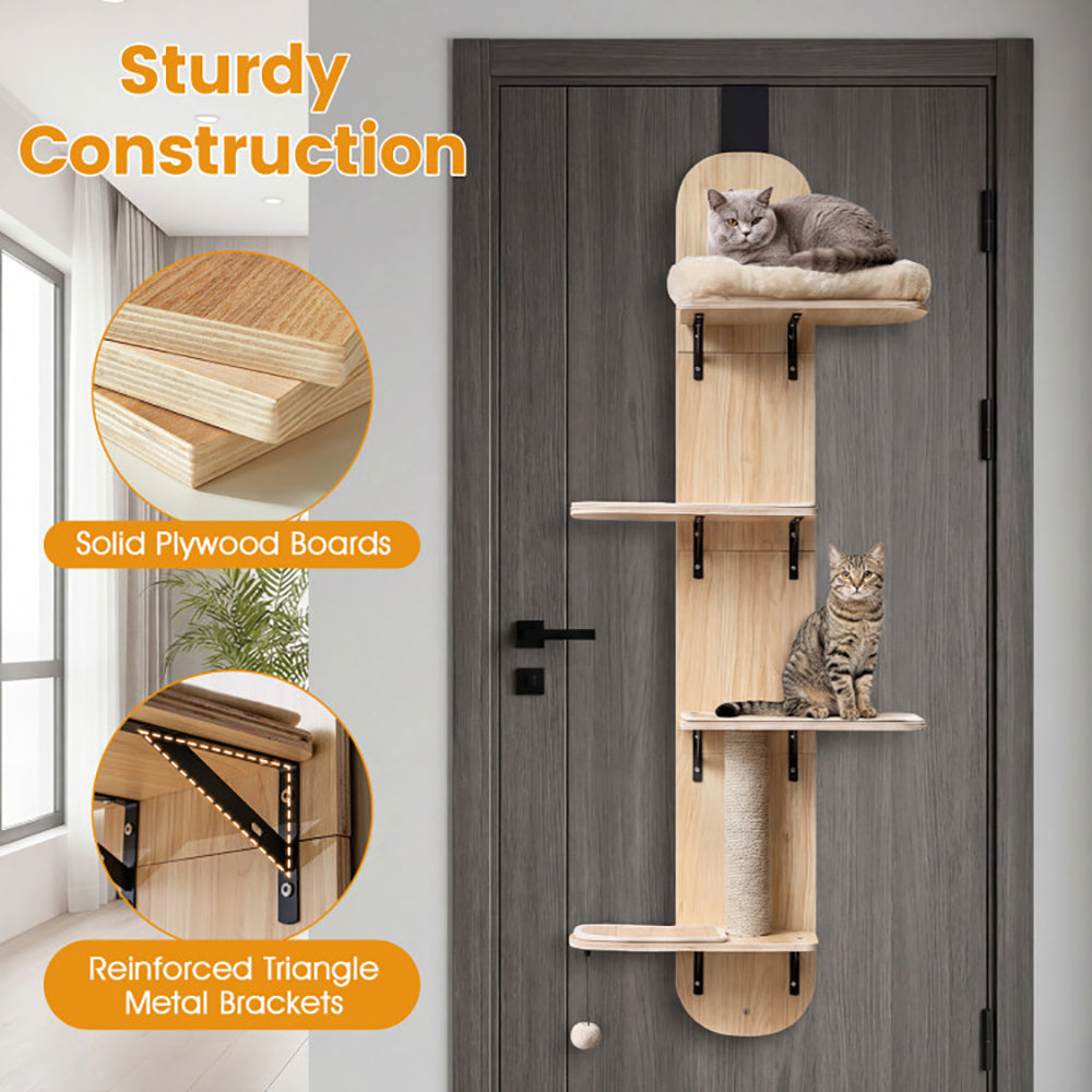 Door Hanging Cat Climber 4-level Height Adjustable With Plush Bed Teasing Ball Jute Rope Scratching Post