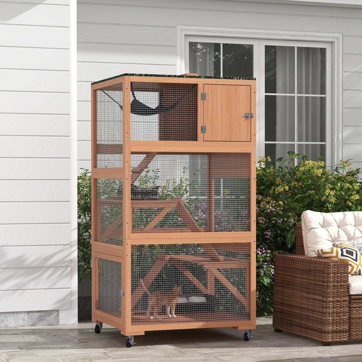 Catio, Outdoor Cat Enclosure House on Wheels with Hammock, Orange