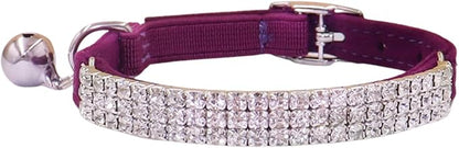 THAIN Rhinestones Cat Dog Collar Soft Velvet Safe Adjustable Collar Bling Diamante with Bells, 8-11 inch for Small Dogs and Cats (Purple)