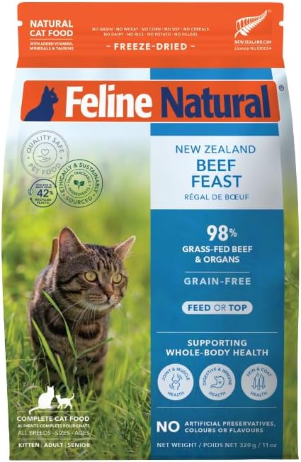 Feline Natural High Protein Dry Cat Food, Freeze-Dried Diet with 98% Meat, Organs & Seafood, No Peas, Grains, or Artificial Additives, Made in New Zealand, Beef, 11oz