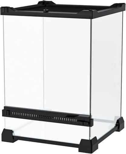 Reptile Terrarium 8"x8"x12" Mini, Front-Opening Glass Tank with Mesh Lid & Lock, 360° Glass Enclosure for Small Reptiles, Frogs, Tarantulas, Jumping Spiders & Geckos