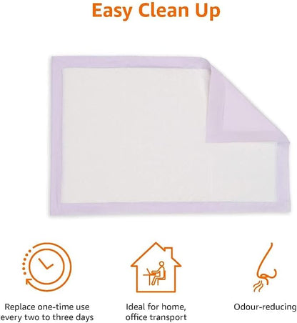 Amazon Basics Cat Pee Pads, Odor Control, Super Absorbent, Disposable, Universal Fit for Litter Box, Unscented, Multi-Cat, White/Purple, 80 Count