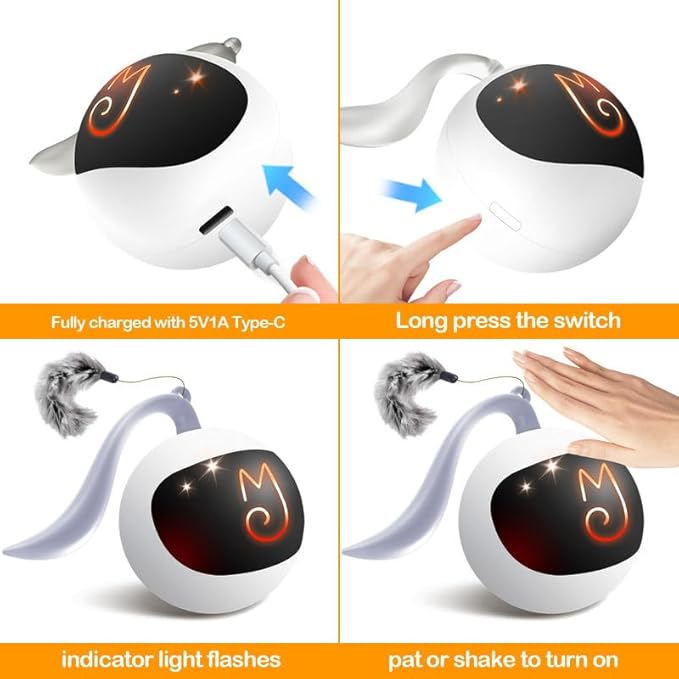 Migipaws Interactive Cat Ball Toy Set, Fun Tracker, Glowing Chase Ball with MystiChaser Pouch, Fluffy Tail, A Small Mice (White)