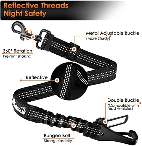 SlowTon Dog Seat Belt, Adjustable Dog Safety Belt Leash, 2 in 1 Latch Bar Attachment Dog Car Seatbelt with Elastic Nylon Bungee Buffer, Reflective Nylon Belt Tether Connect to Dog Harness (Black)