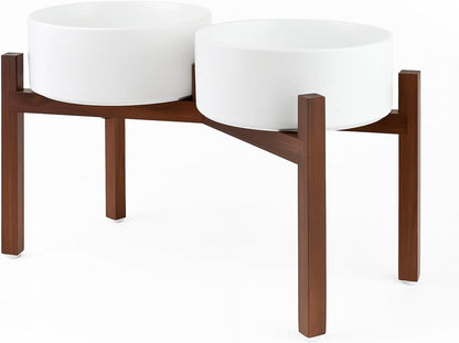 SPUNKYJUNKY Raised Ceramic Dog Bowls Set with Non-Slip Acacia Wood Stand for Large Sized Dog(60.87 OZ, White)