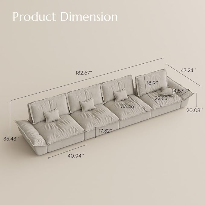 POVISON Oversized Modular Sectional Sailboat Sofa for Living Room with Adjustable Backrest Sectional Couches Large Deep Sofa Set 4 Seats Big Comfy Cloud Couch for House Office