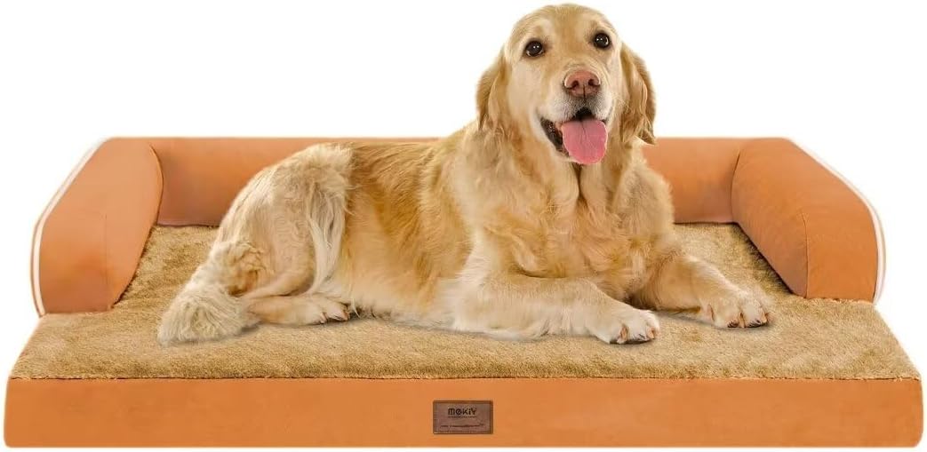 Large Dog Bed Orthopedic Washable, Orthopedic Dog Beds for Large Dogs with Washable Cover, Removable Bolster and Non-Slip Bottom Orange Dogs Beds, XL XLarge Extra Large Dogs