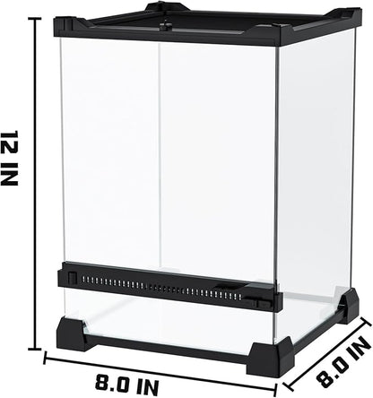 Reptile Terrarium 8"x8"x12" Mini, Front-Opening Glass Tank with Mesh Lid & Lock, 360° Glass Enclosure for Small Reptiles, Frogs, Tarantulas, Jumping Spiders & Geckos