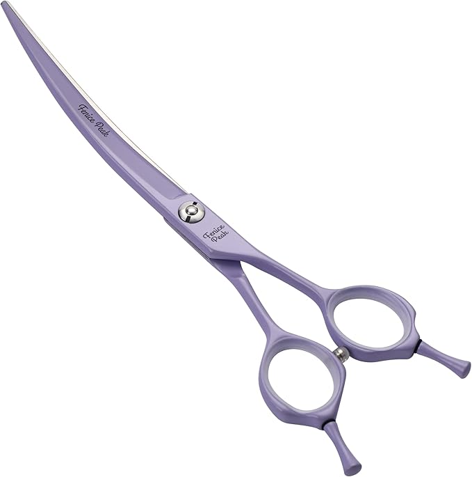 Fenice Peak Curved Dog Grooming Scissors with Violet Color Coating 440C Stainless Steel Pet Grooming Bending Shears Sharp and Durable Comfortable Engonomic Handle