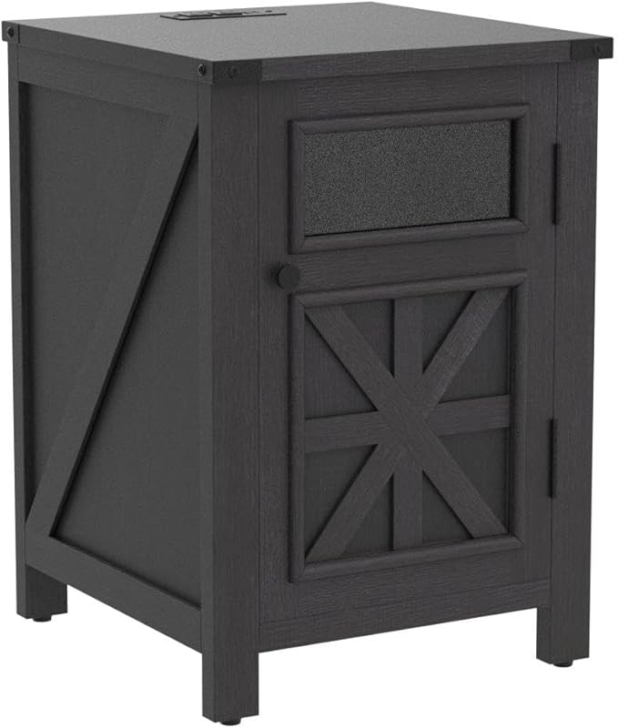 JXQTLINGMU Farmhouse End Table with Charging Station, 18'' Rustic Nightstand with Barn Door & Adjustable Shelf, Wooden Sofa Side Table with 3-Tier Storage for Living Room, Bedroom, Black