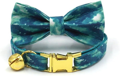 Personalized Cat Collar with Bells,Velvet Customized Small Cat Collar with Name Tag,Pet Collar with Name Phone Number Engraved ID Tags for Boy and Girl Kitten Cats (Green Water Wave)